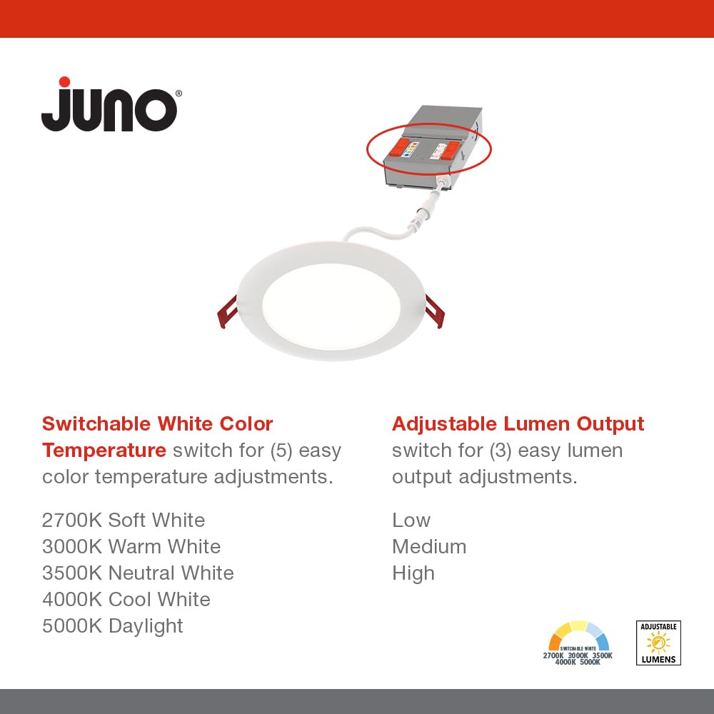 Juno 4-Inch LED Recessed Downlight, Switchable White Color, Adjustable Brightness, Matte White, 6-Pack, Model WF4 ALO19 SWW5