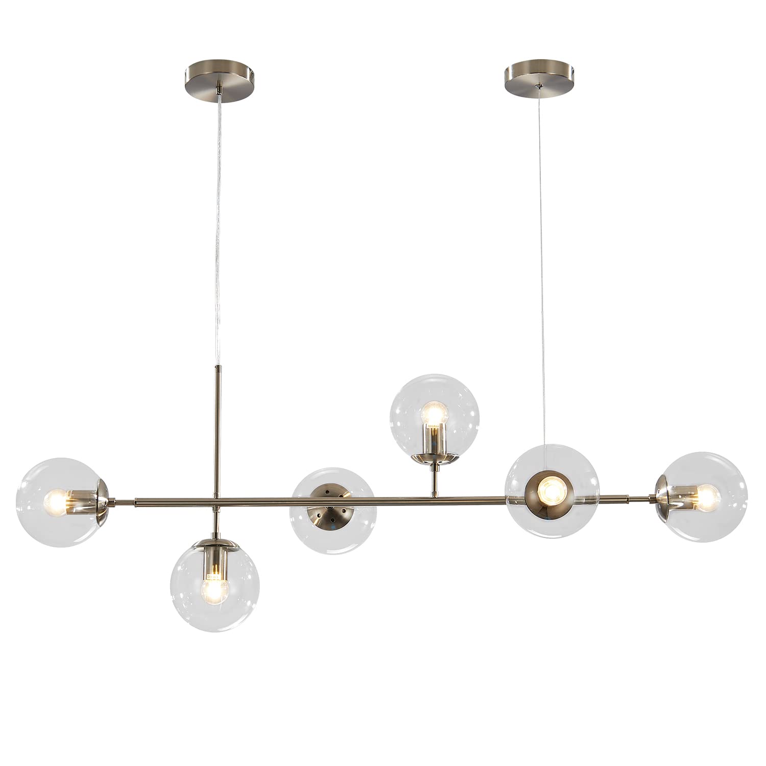 KCO Modern Ceiling Pendant Light, 6-Light Adjustable Chandelier, Mid-Century Glass Globes, Silver+Clear