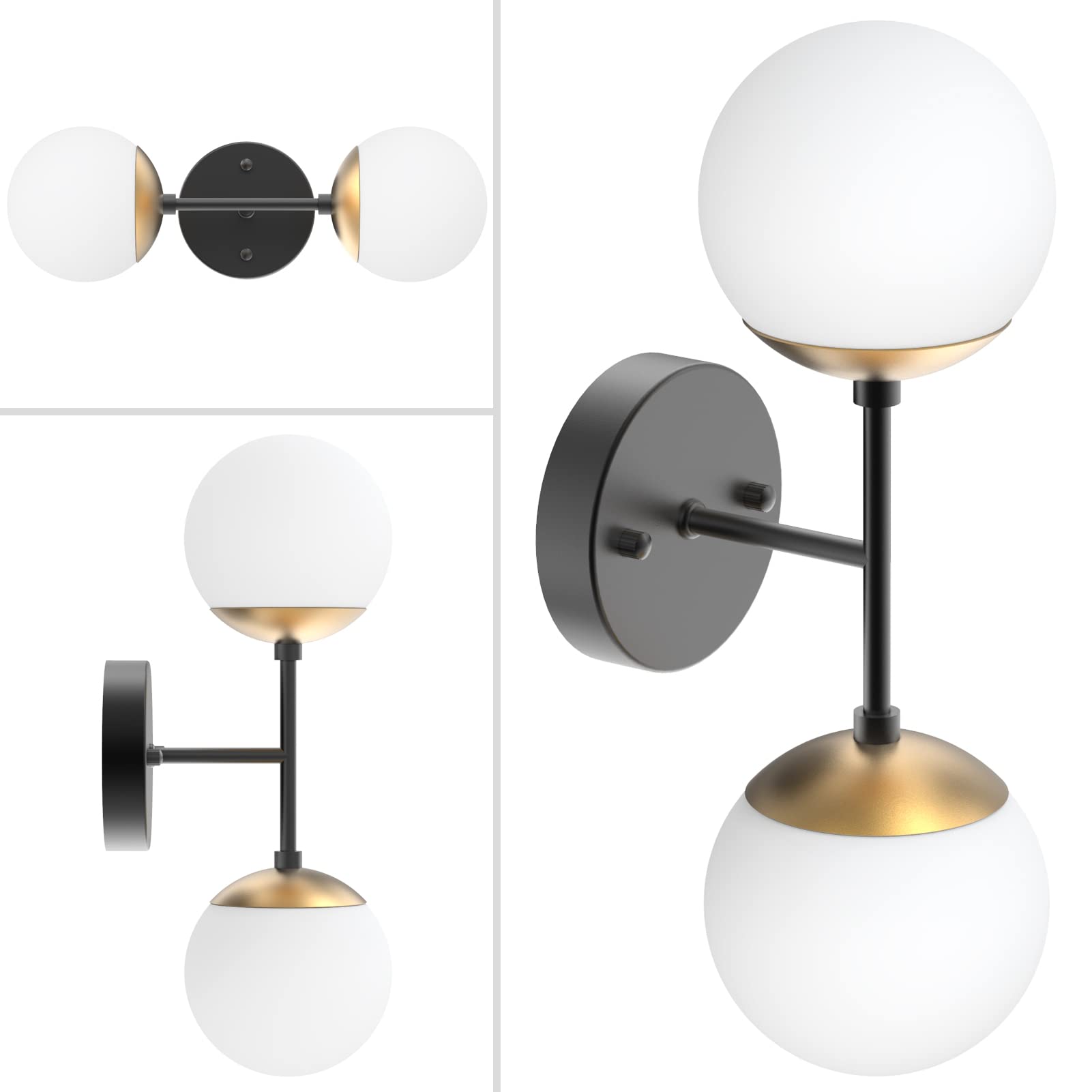 Tipace Black and Gold Wall Light, Mid Century Modern Sconce, 6000K & 2 Lights, enhanced Milk Glass