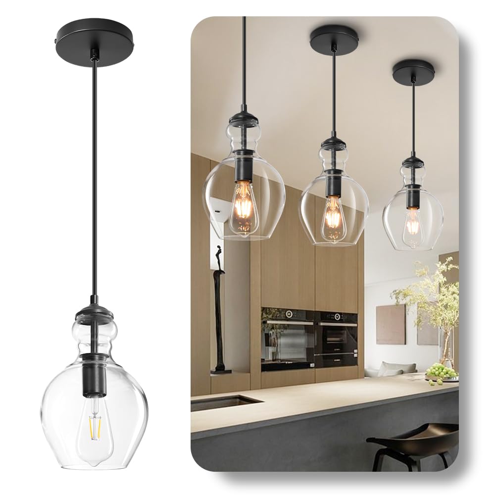 Vaziden Modern Glass Pendant Lighting for Kitchen Island Kitchen Sink, Farmhouse Black Pendant Light Fixtures 7 Inch 1 Pack, Adj
