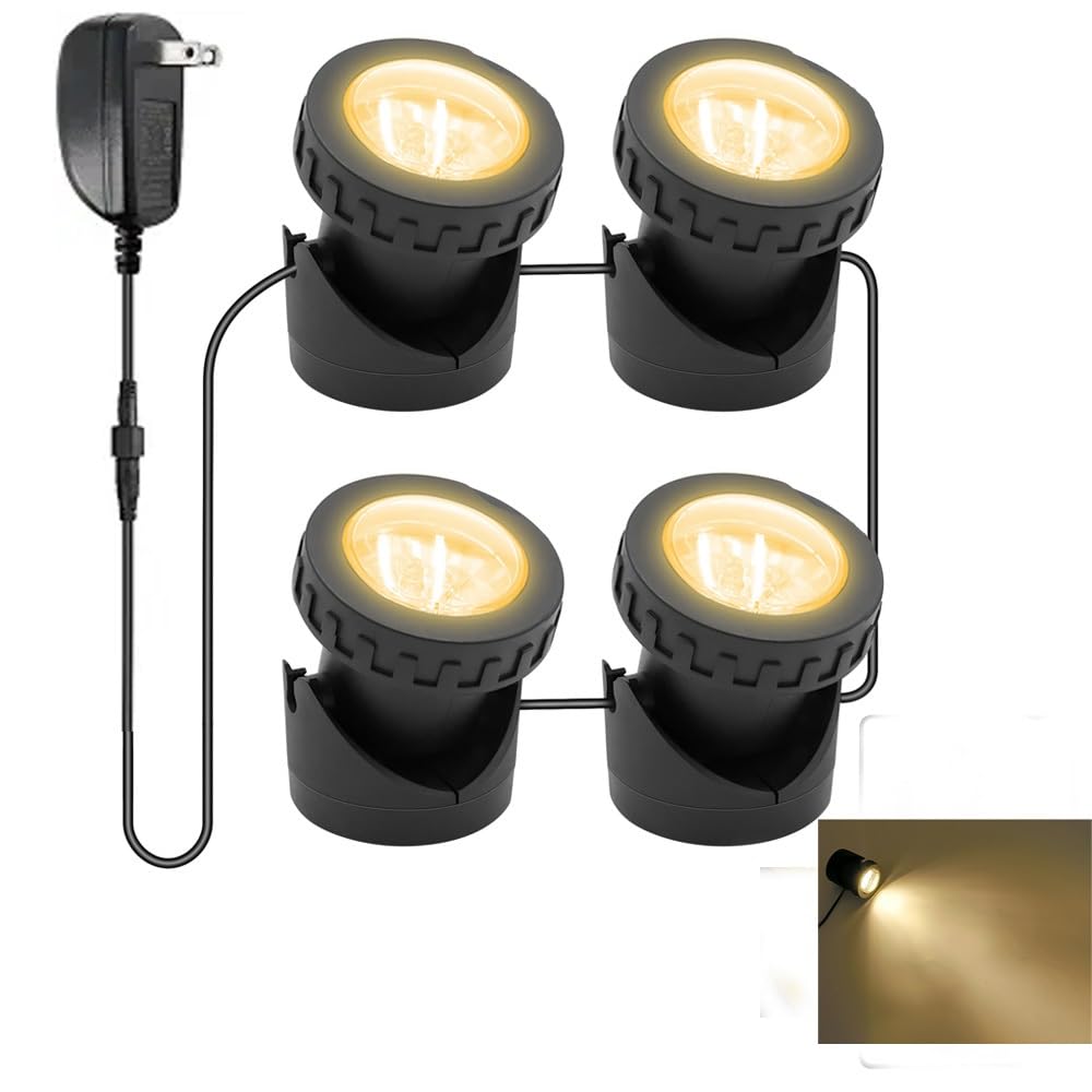 Tensul Warm White Pond Lights, Underwater Landscape Spotlights, Ip68 Waterproof Submersible Fountain Lights For Garden Yard Aquarium Pond Fountain Waterfall (4 Lights)