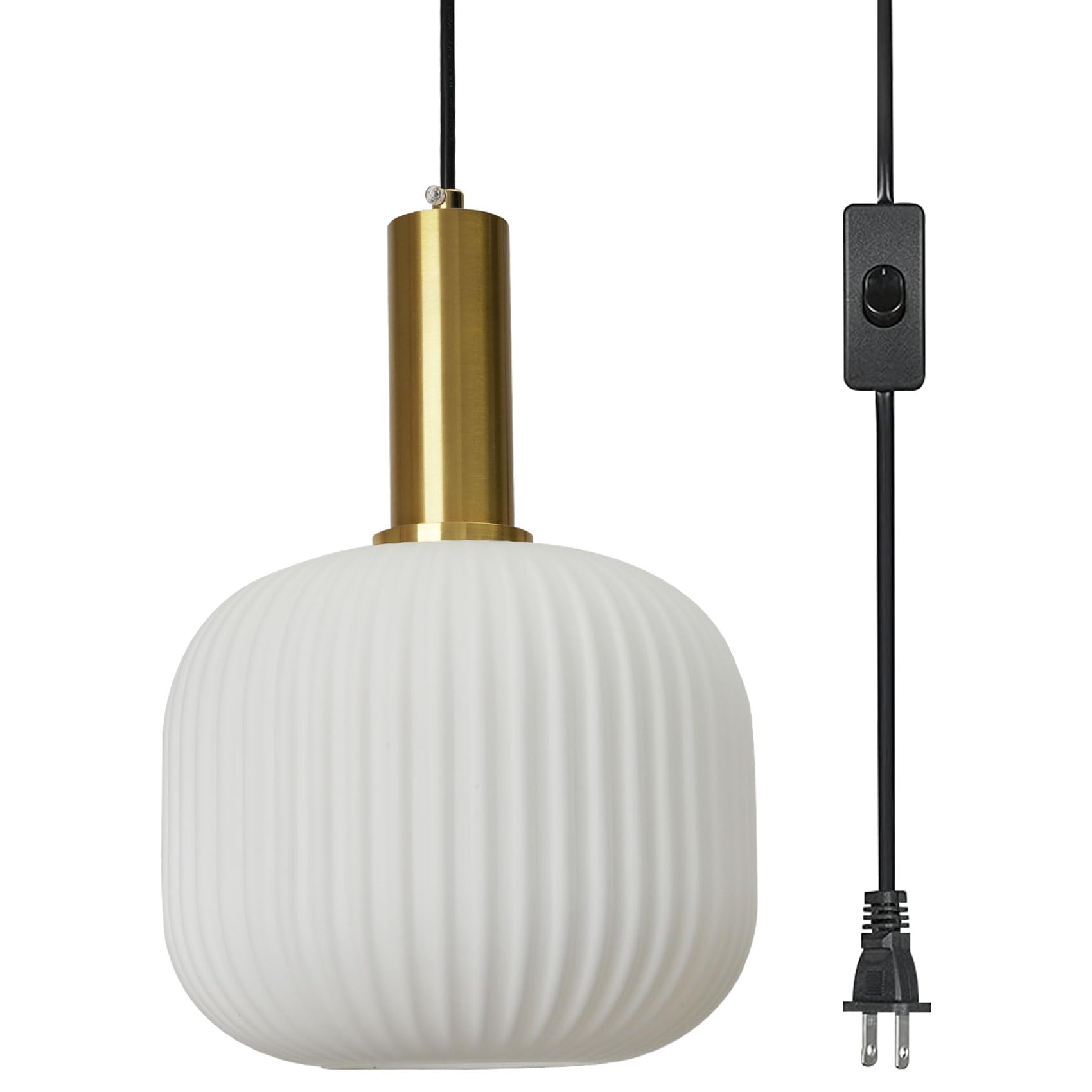 Pobllem Mid Century Modern Pendant Light White Chandelier Ceiling Light Fixtures with Classic Striped Lantern Design, Plug in Ha