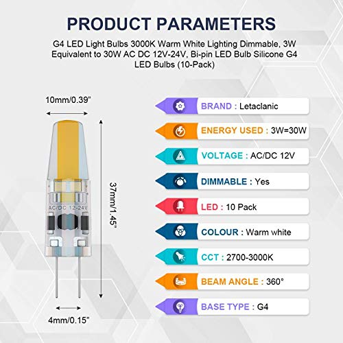 Letaclanic G4 LED Light Bulbs, 3000K Warm White, Dimmable, 3W (30W Equivalent), 10-Pack, Silicone