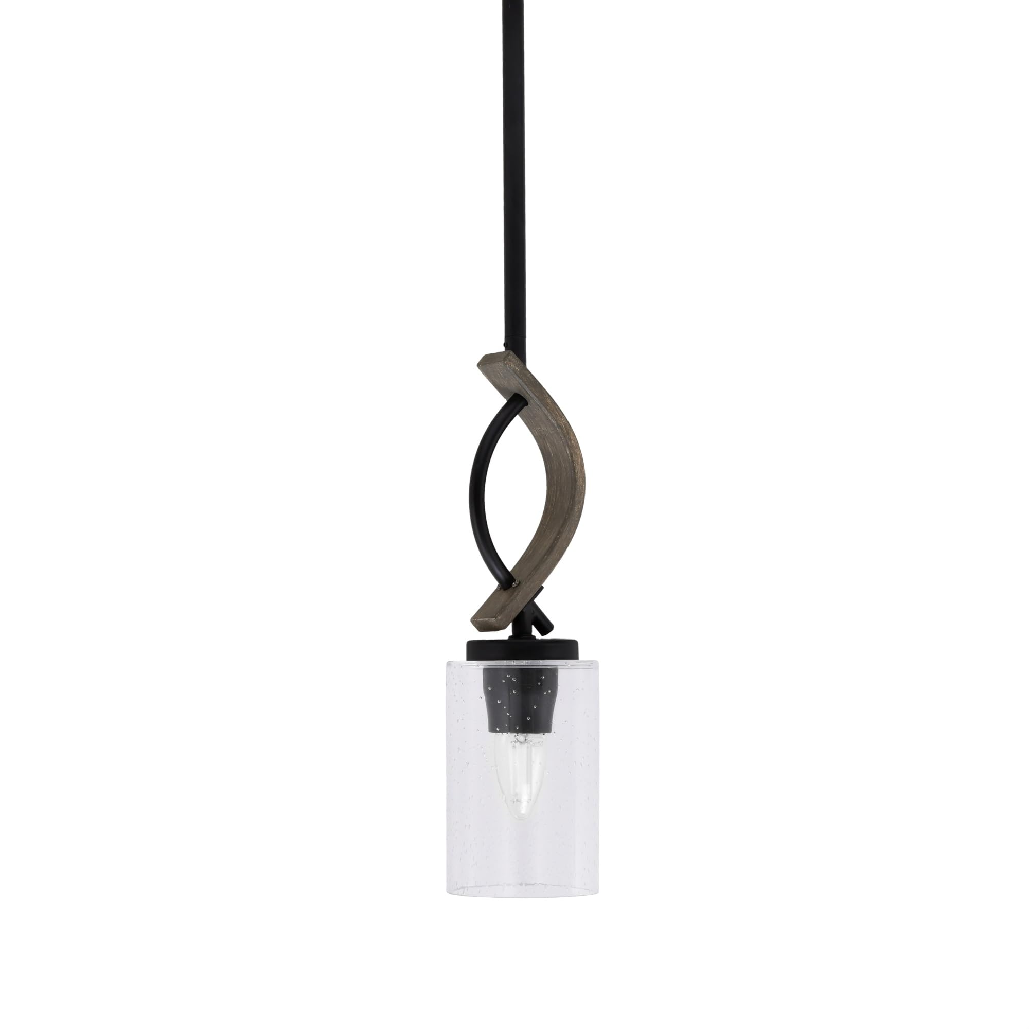 Toltec Lighting Monterey Stem Hung Mini Pendant - Matte Black & Distressed Wood-Look Metal Finish, 4in Clear Bubble Glass
