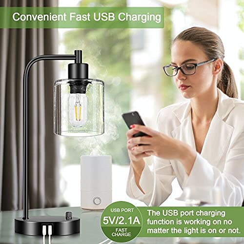 Lynnoland Set of 2 Industrial Table Lamps, Black Metal, Fully Dimmable with USB Ports, Includes 2 LED Bulbs, Model L200026G6