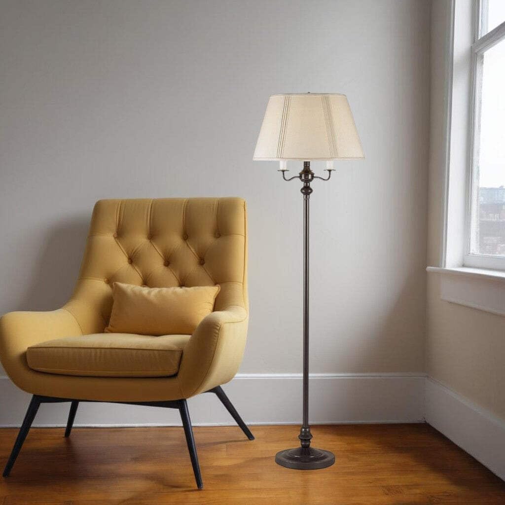 Homeroots Four Light Traditional Floor Lamp - 60 In. With Beige Square Shade, Bronze Finish