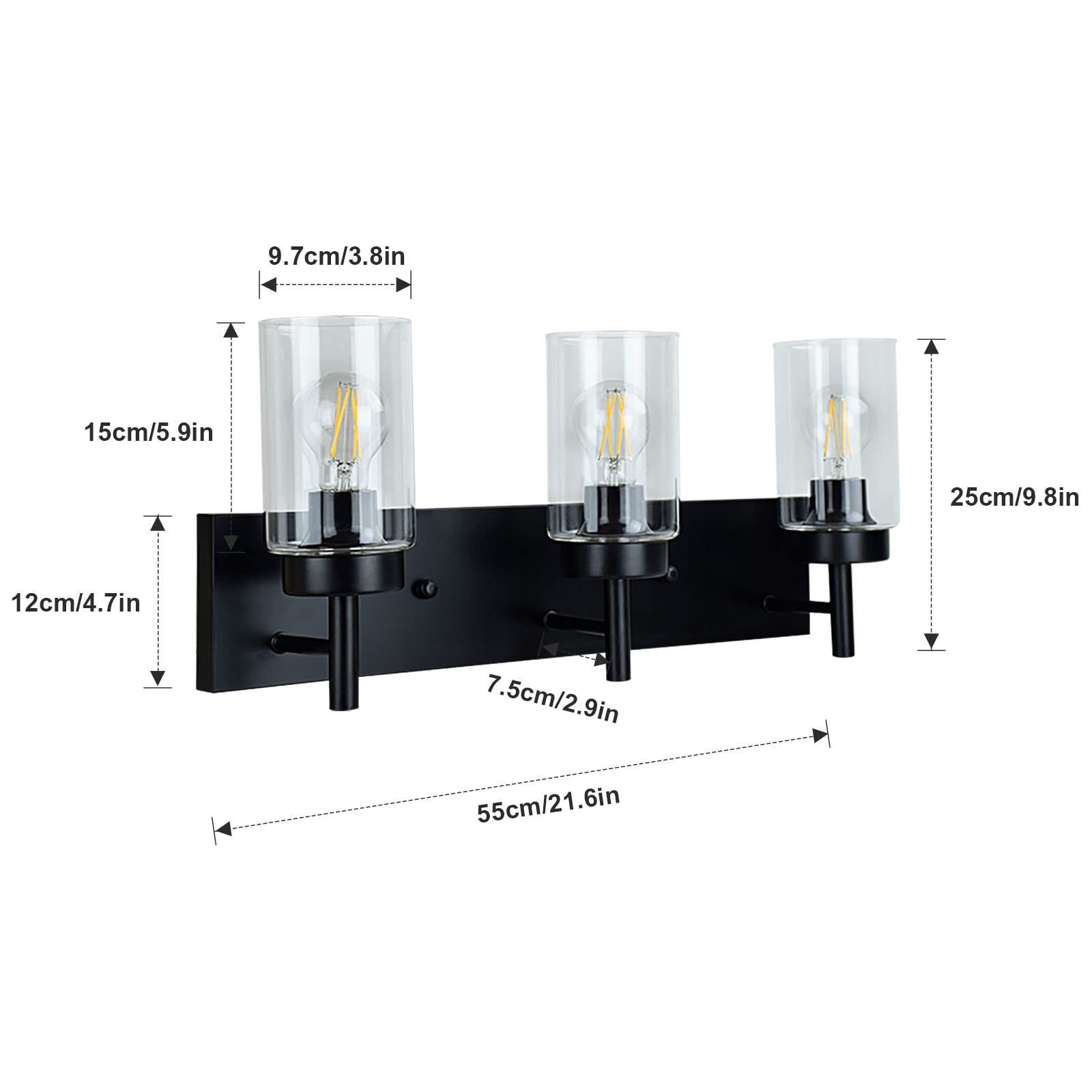 Dinglilighting Vintage 3-Light Wall Sconce, Black Metal Bathroom Vanity Light With Clear Glass Shades, Model Ws-Fnw2-60B