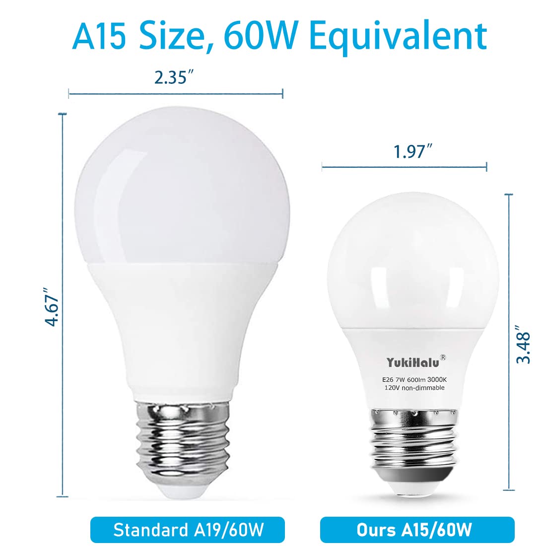 Yukihalu A15 Led Light Bulbs, 60W Equivalent, 7W 600 Lumens, 3000K