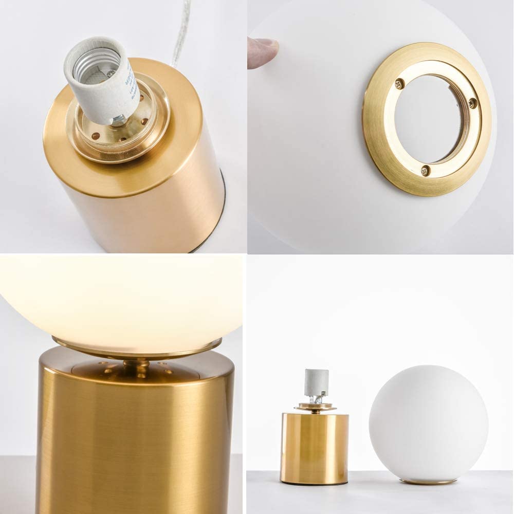 Sottae 11 Inch Modern Gold Globe Table Desk Lamp,Vintage Mid Century Round Table Lamp With White Glass Shade Metal Base For Bedroom Bedside Lamp Living Room End Table