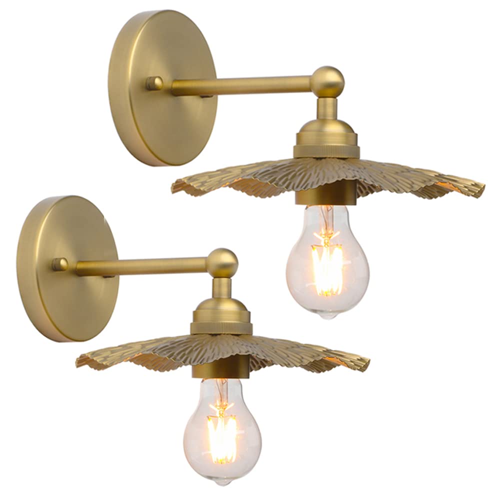 Pathson Set of 2 Metal Wall Sconce Brass Finished, Split Flower Design Wall Lamp Fixture, Home Decor Art Wall Light Hardwired Fa