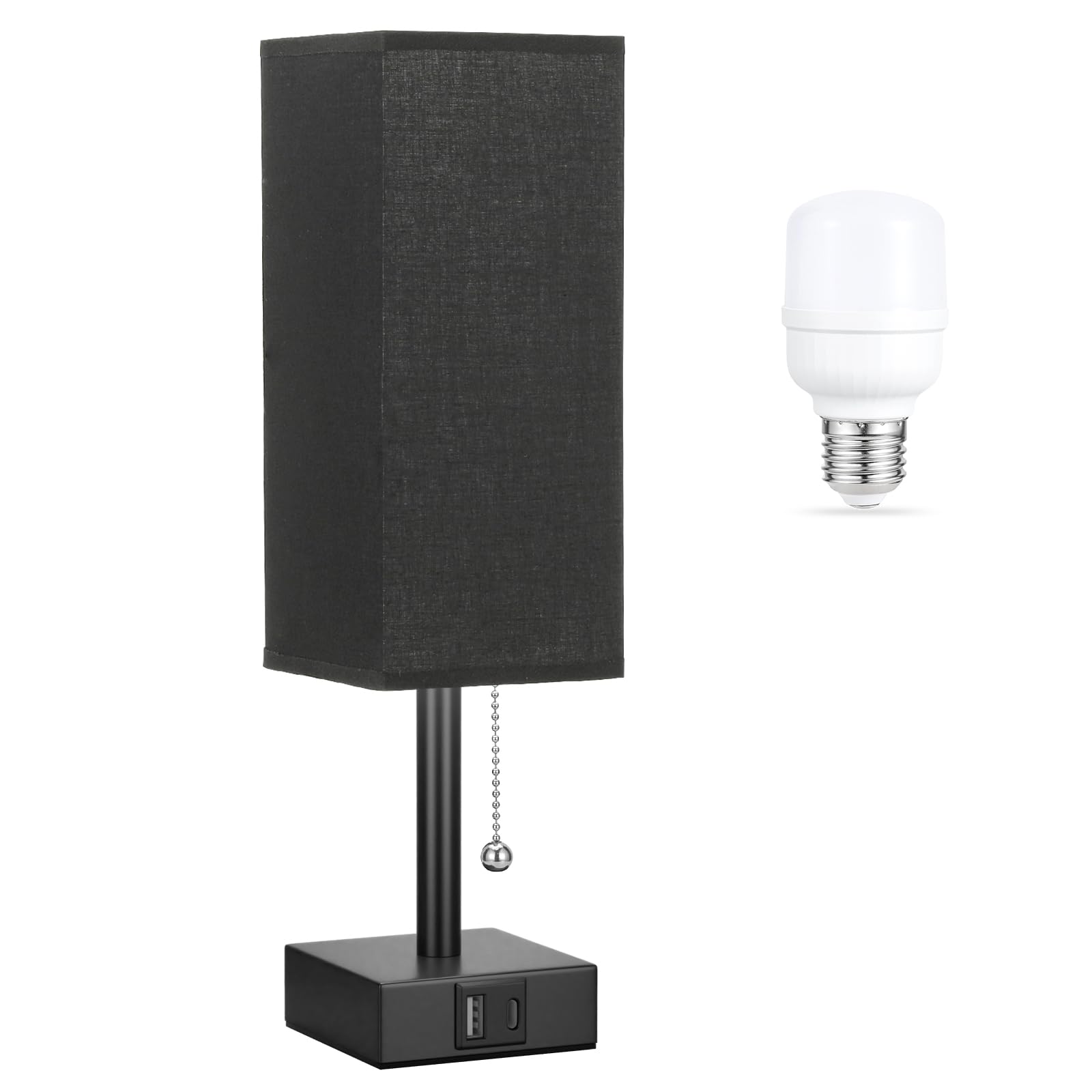 Black Small Table Lamp for Bedroom - 3 Color Temperature 3000K 5000K 4000K Bedside Lamp, Pull Chain Control, USB A and C Charging Ports, Black Base, for Kids Office Dorm Nightstand, Bulb Included