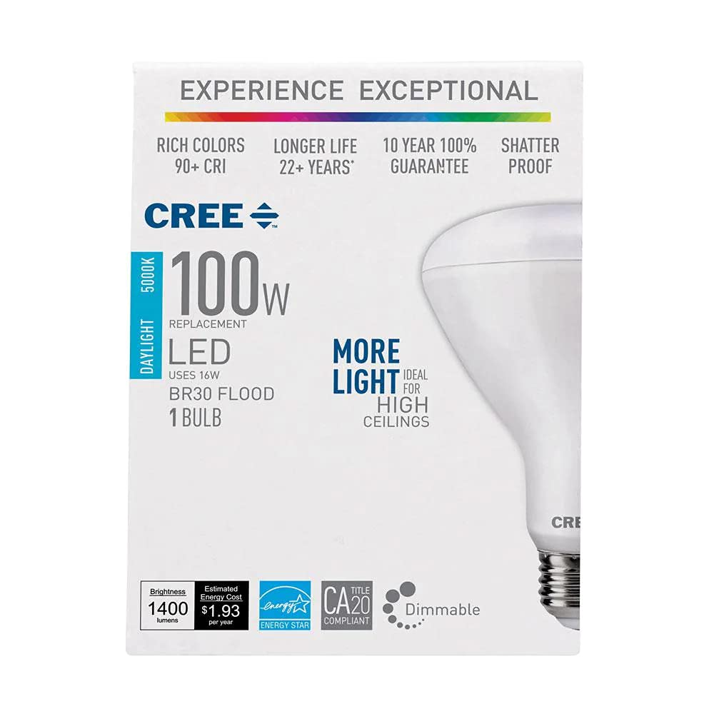 Cree BR30 LED Light Bulb, 65W Equivalent, Daylight, Model TBR30-06550FLFH25-12DE26-1-E1, Plastic Material