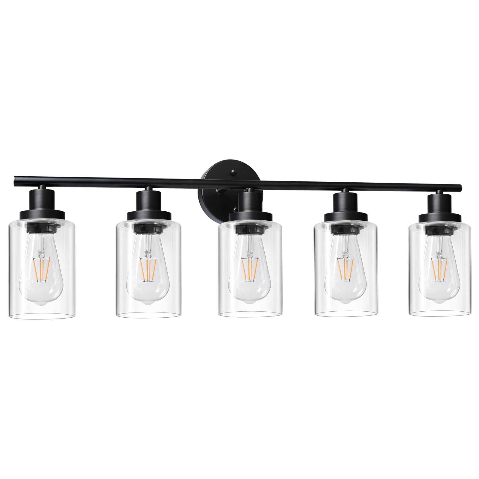 Unicozin Modern Bathroom Light Fixtures, 5 Light Vanity Lights, Black Wall Lamp With Clear Glass For Bathroom, Mirror, Living Ro