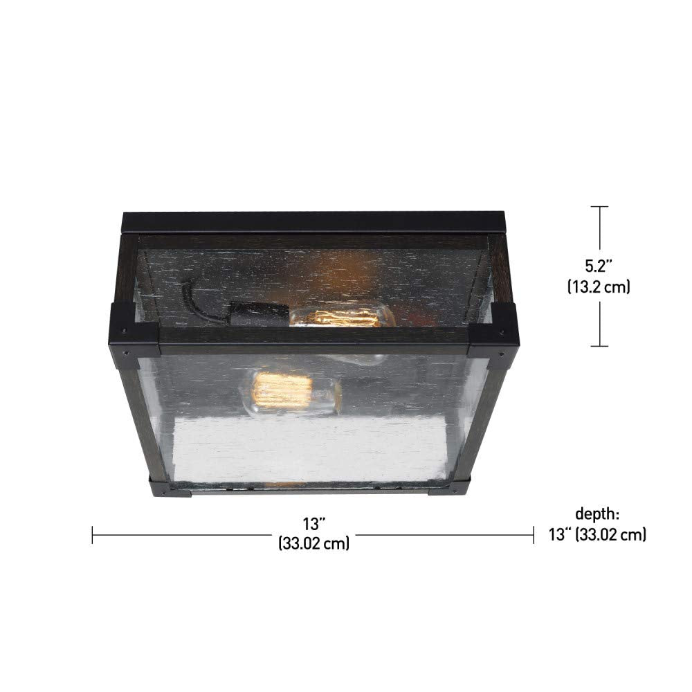 Globe Electric 65917 2-Light Flush Mount Ceiling Light, Metal, 5.2in, Dark Bronze/Wood Finish, Seeded Glass Panes