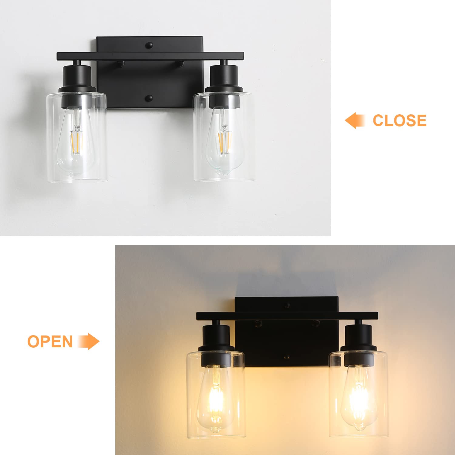 Filimitiy Bathroom Vanity Light Fixtures, 2-Light Matte Black Bathroom Lights, Wall Sconces With Clear Glass Shade For Hallway F