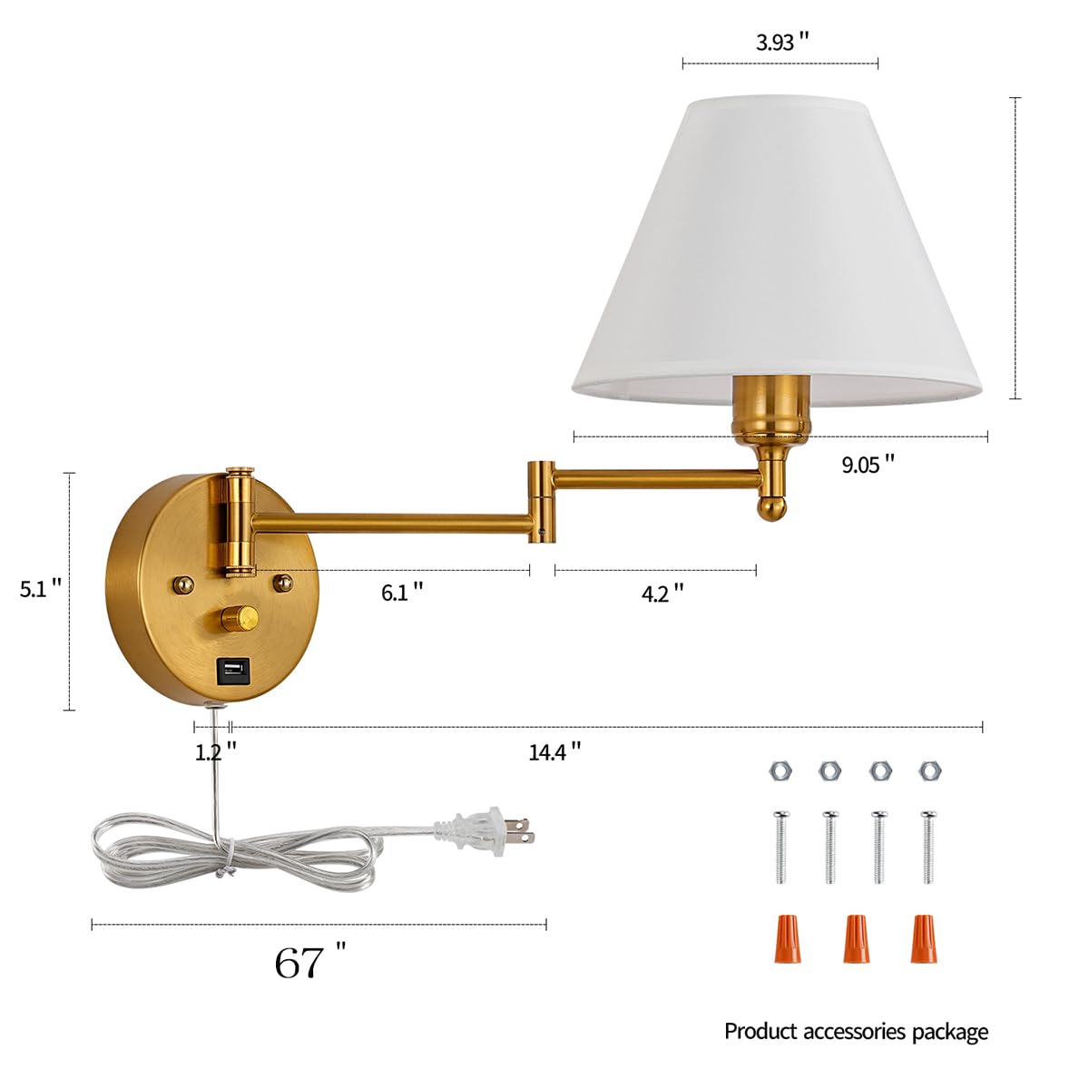 PFQCGU Swing Arm Wall Sconce, Dimmable USB Lamp, White Fabric Shade, Golden Finish, Model AR-998, Ideal for Bedroom & Living Room