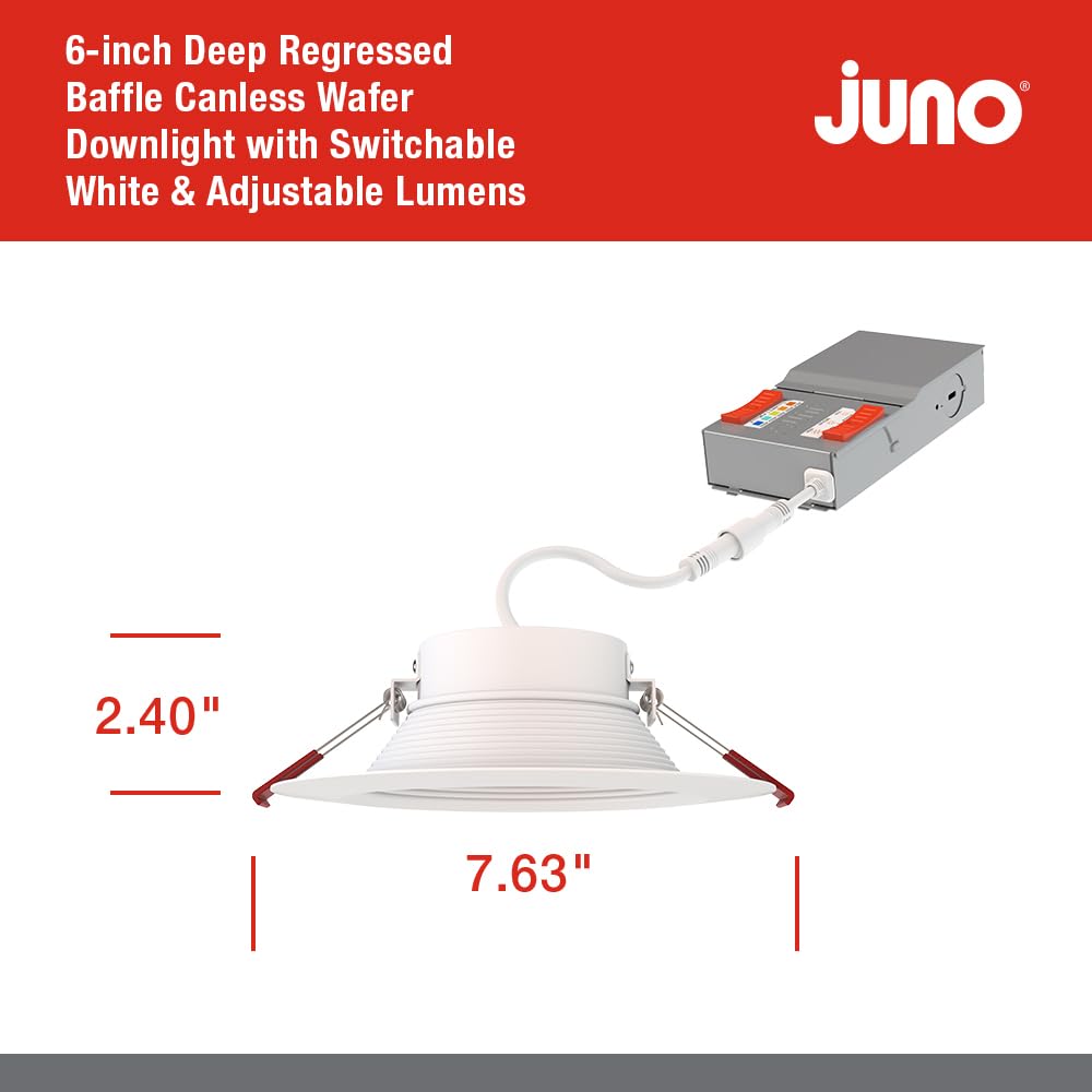 Juno Wf6 Dreg B Alo20 Sww5 90Cri Mw M6 Canless Wafer Recessed Led Downlight, Deep Regressed Baffled Trim Style, 6-Inch, Matte Wh