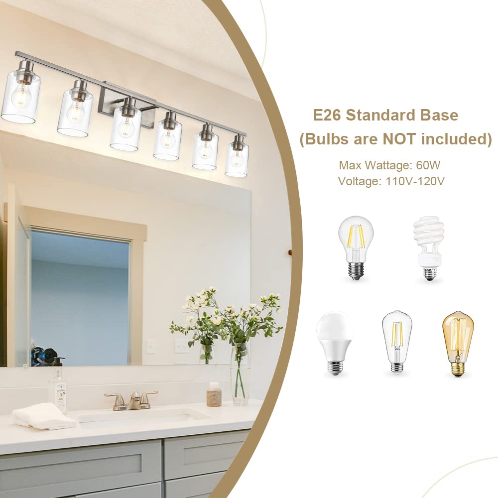 VINLUZ 6 Light Bathroom Lighting Fixture, Brushed Nickel, Glass Shade, Wall Mounted Vanity Light Over Mirror