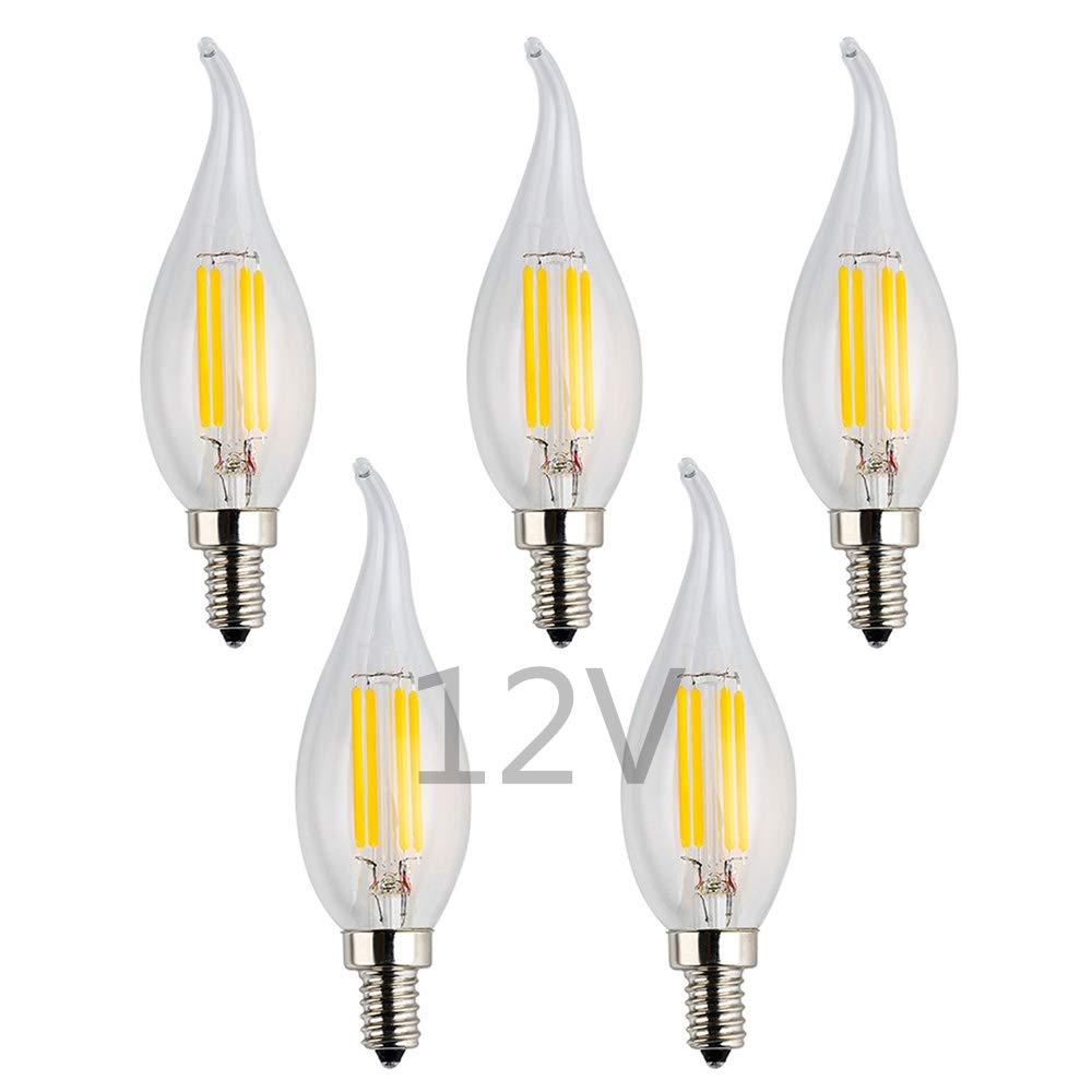 OPALRAY Low Voltage 12V LED Candelabra Bulb, 12V DC or 12V AC, 4W Dimmable, 2700K Warm White Light, E12 Small Base, 40W Incandes