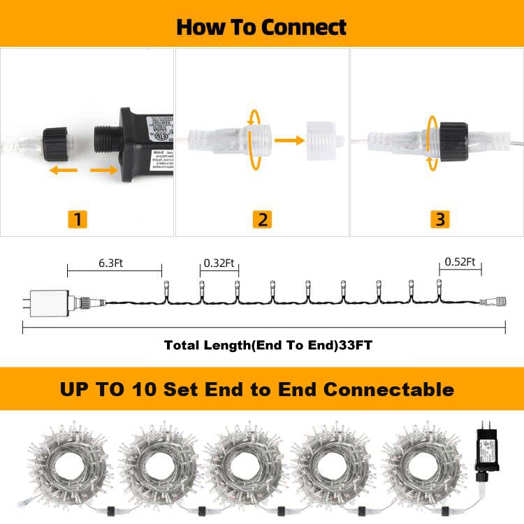 Vtechology Christmas String Lights, 33Ft 100 Leds Christmas Tree Lights Indoor String Lights 8 Modes With End-To-End Plug Fairy Lights Decoration For Indoor Outdoor, Warm White (Clear Wire)