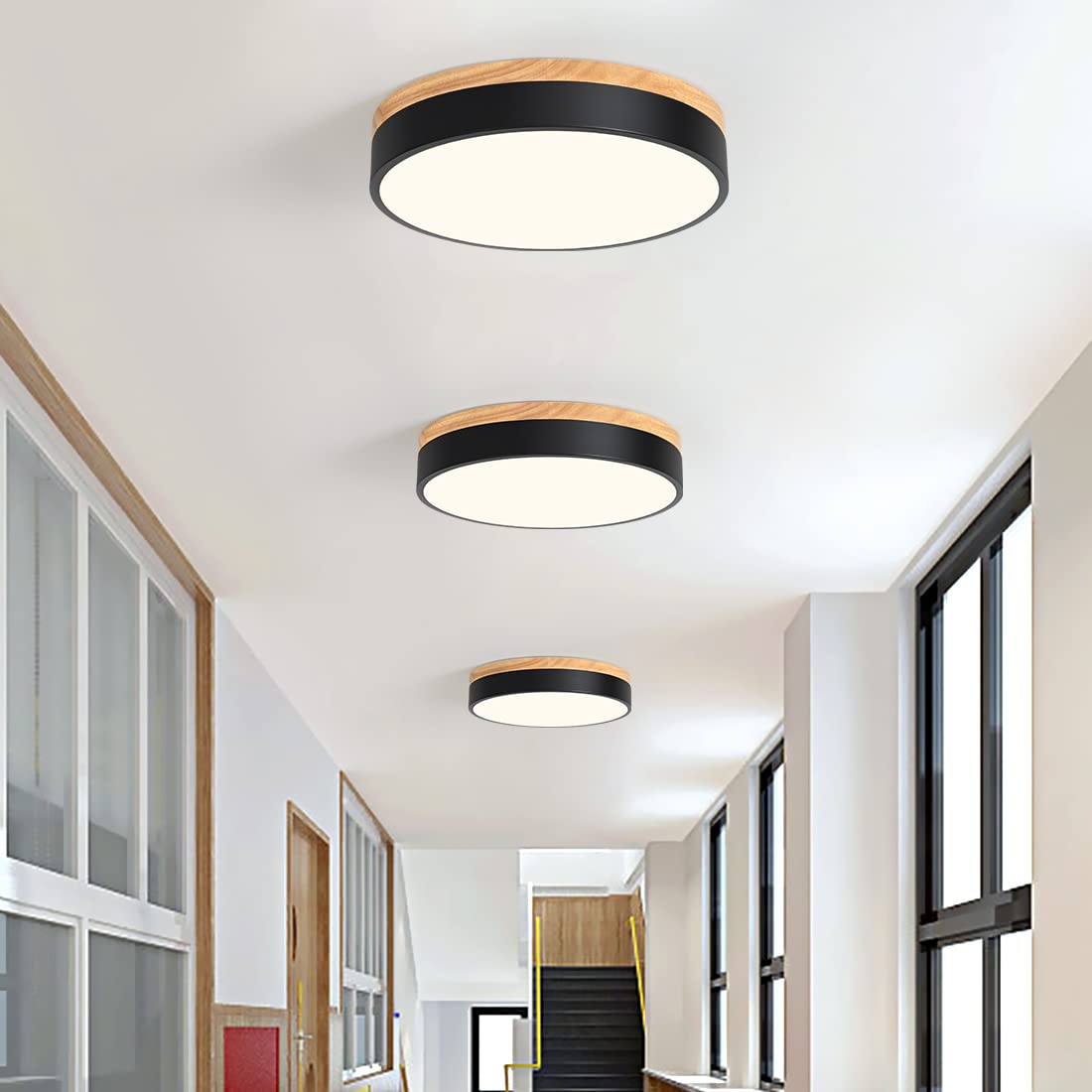 Goomavi Dimmable Wood Led Close To Ceiling Light, Modern 2700K-6000K 5Cct Round Black Flush Mount Ceiling Light Fixtures, Minimalist Ceiling Lamp For Bedroom, Kitchen, Hallway, Laundry Room-11.8In