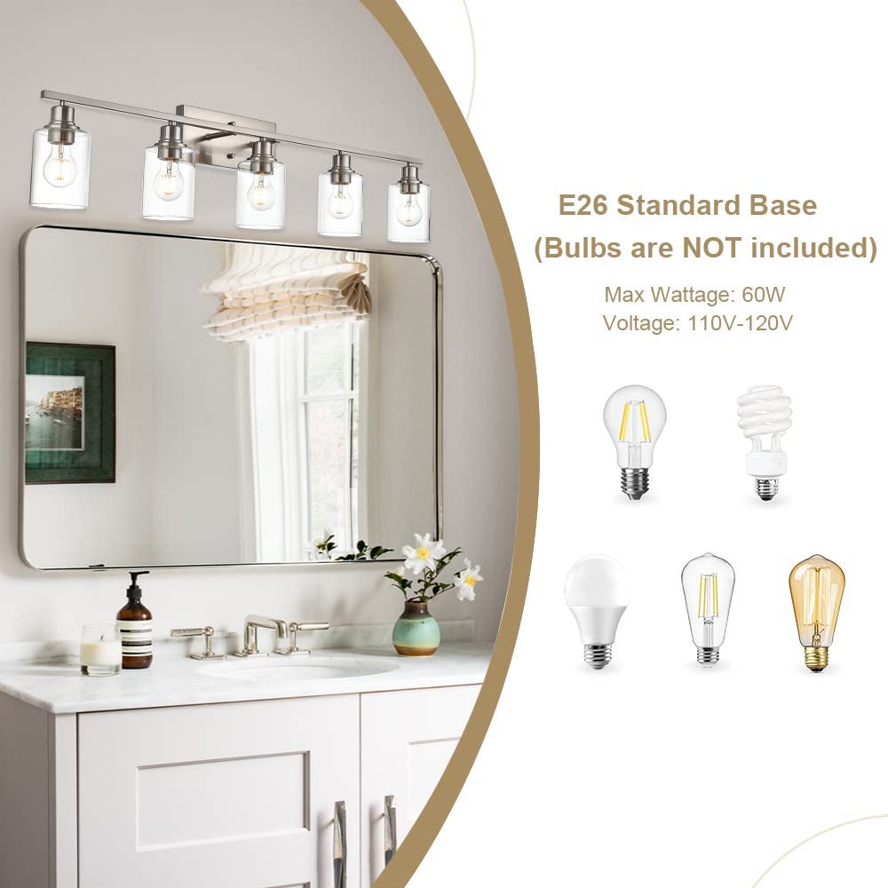 VINLUZ 5-Light Bathroom Vanity Light Fixture, Brushed Nickel, Clear Glass Shade, Indoor Wall Sconce for Living Room, Bedroom, Hallway