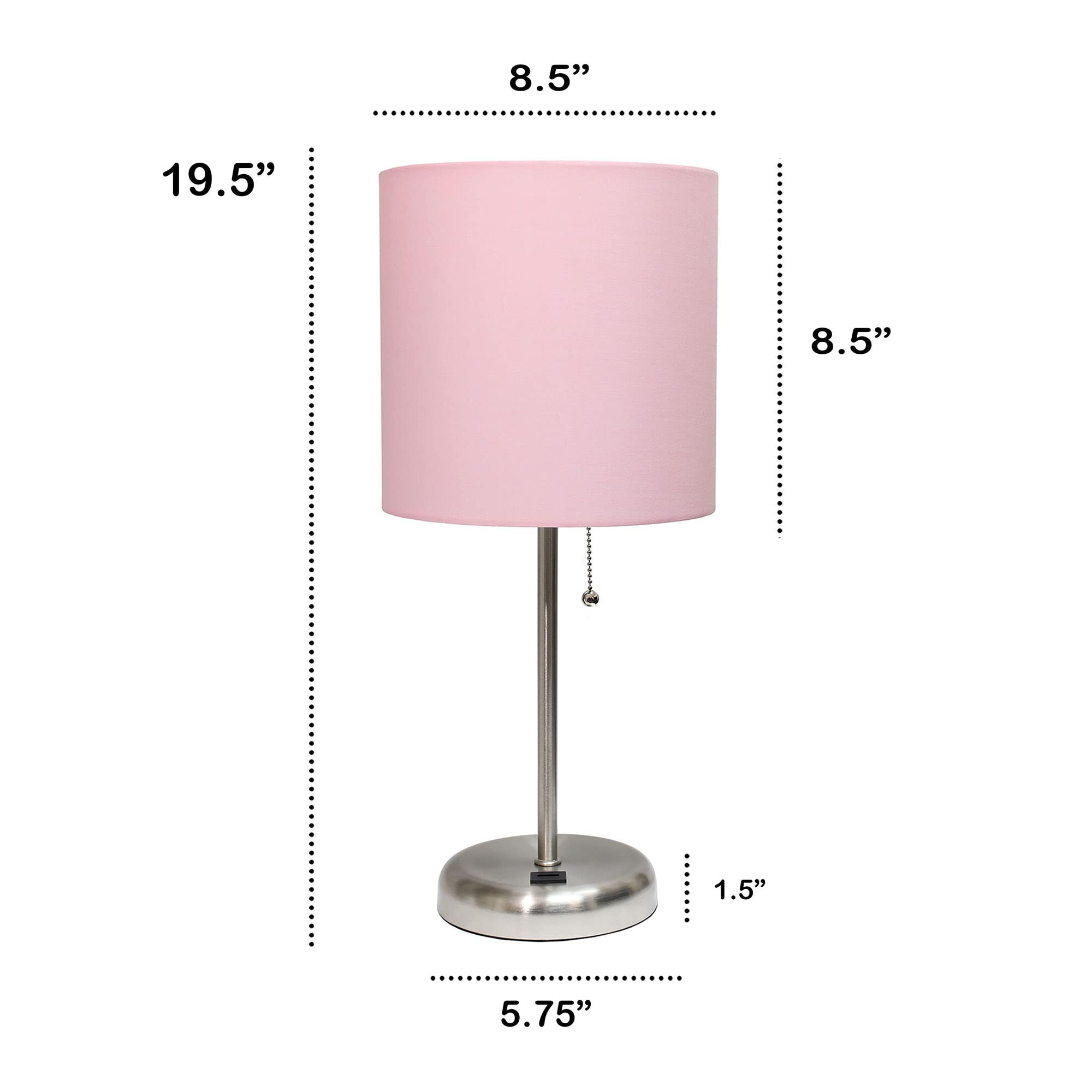 Creekwood Home 19.5&quot; Contemporary Bedside Lamp With Usb Port, Brushed Steel & Light Pink Shade