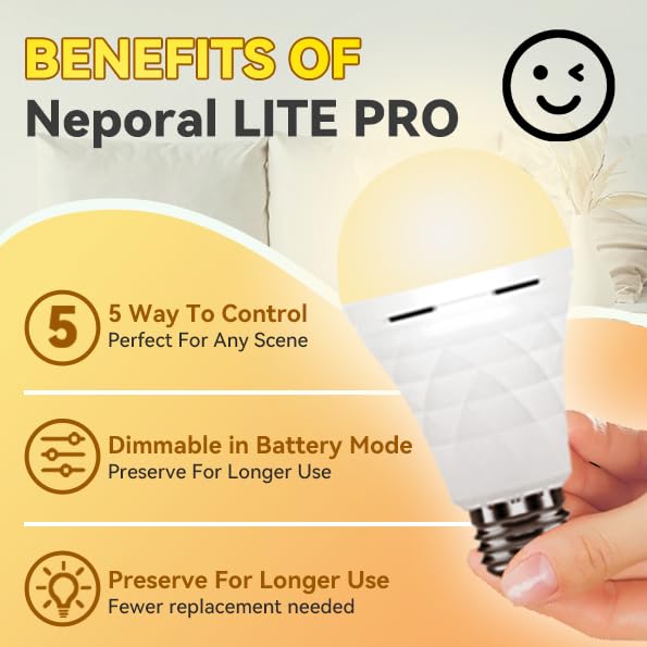 Neporal LITE PRO Rechargeable Light Bulbs, 2600mAh, Soft White, E26/E27, 4 Count, Perfect for Emergencies and Hurricane Preparedness