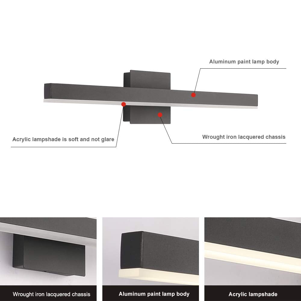 Joossnwell Led Bathroom Vanity Lighting Fixture Morden Bath Light Bar 23.62'' Inch Black Wall Sconce 18W 4000K