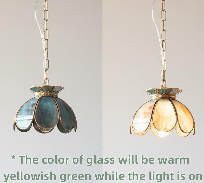 Yifi Mini Lotus Pendant Light Fixture, Vintage Brass Ceiling Pendant Lighting, Lotus Flower Glass Hanging Lamp For Kitchen Islan