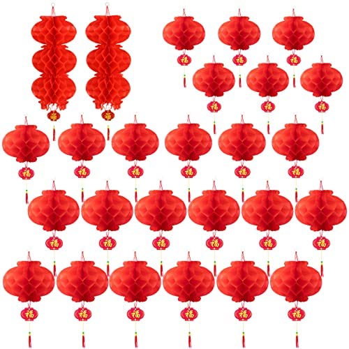 30 Pieces Chinese Round Hanging Red Paper Lanterns Decorations for 2024 New Year Spring Festival Party Decor, Wedding and Restau