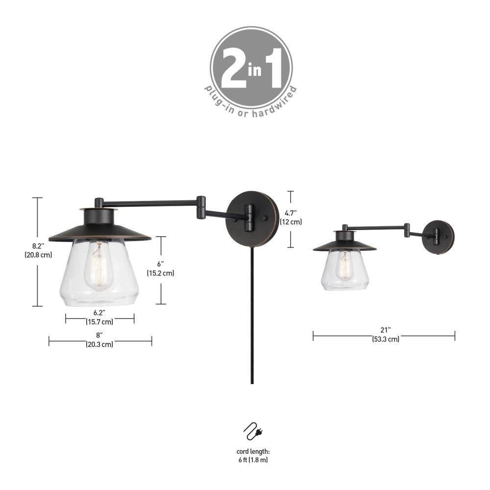 GLOBE Nate 1-Light Wall Sconce, Oil Rubbed Bronze, Clear Glass Shade, Plug-in/Hardwire, Model 51543, 6ft Cord