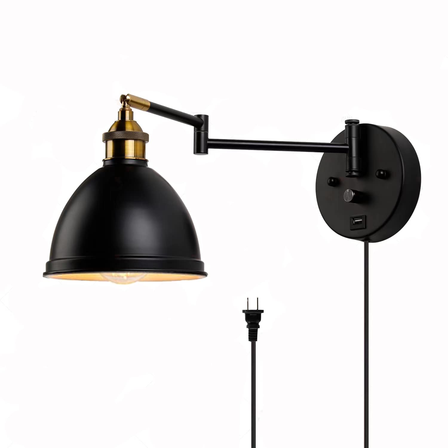 Swing Arm Wall Sconces, Plug-In Wall Lamp,Bedroom Wall Lamp , White Fabric Shade,,With Dimmable Switch And Usb Charging Port, Su