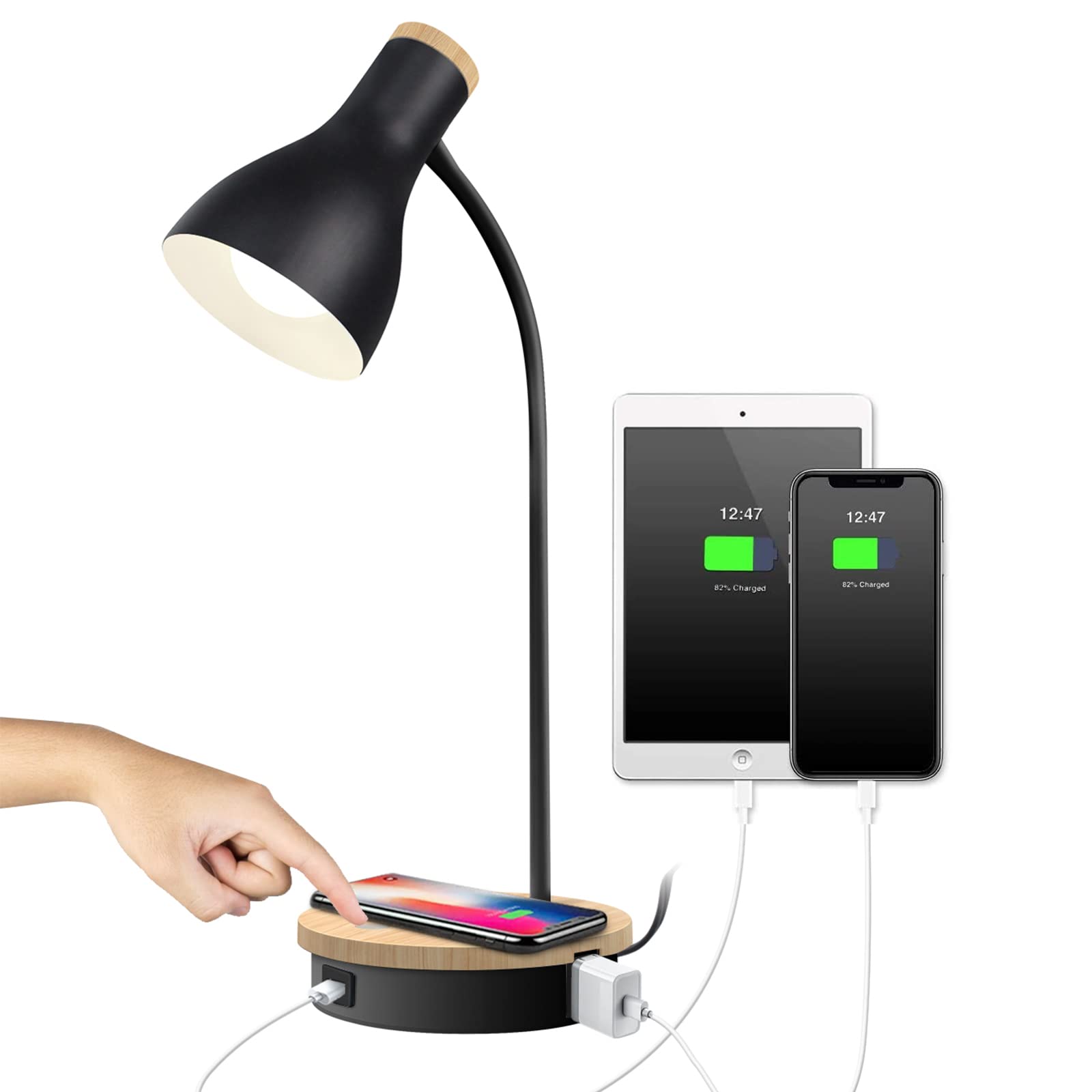 LALISU Metal Desk Lamp with Wireless Charging, 3-Way Dimmable, USB Ports, Black-02, Model: LALISULALITB004