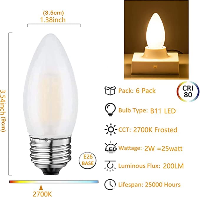 Jacqings 2W LED E26 Candelabra Frosted Chandelier Bulbs, 25W Equivalent, 2700K Warm White, B11 Torpedo Tip, Fog White, Model
