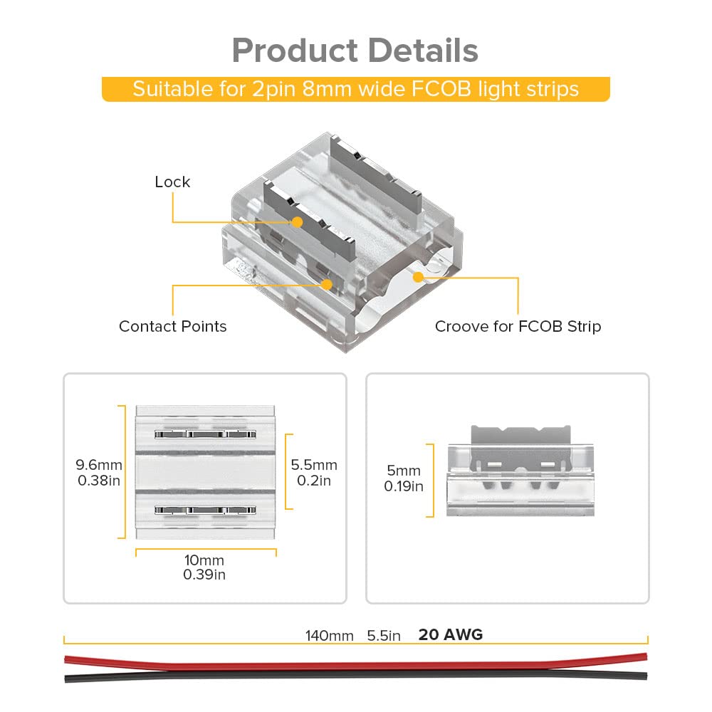 Btf-Lighting Fcob Cob 8Mm 0.31In Connector Kit 14Pcs Transparent Connector 5Pcs 15Cm Long 20Awg Extension Wires For Non-Wired Ga