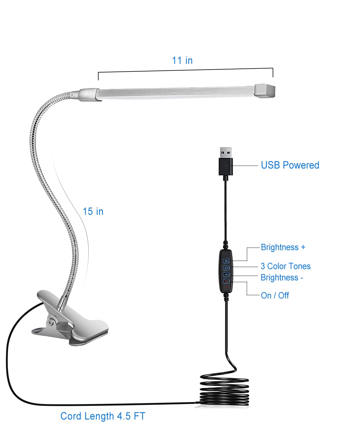 VagaryLight Nail Desk Lamp, Flexible Gooseneck, 3 Color Modes, 10 Brightness Levels, Small, Aluminum, Silver, Model DLDL8