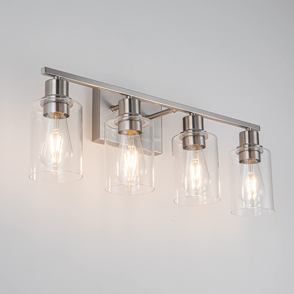 Emong Brushed Nickel Bathroom Light Fixtures, 4-Light Vanity Lights With Clear Glass Shade, Wall Sconces For Hallway, Farmhouse,