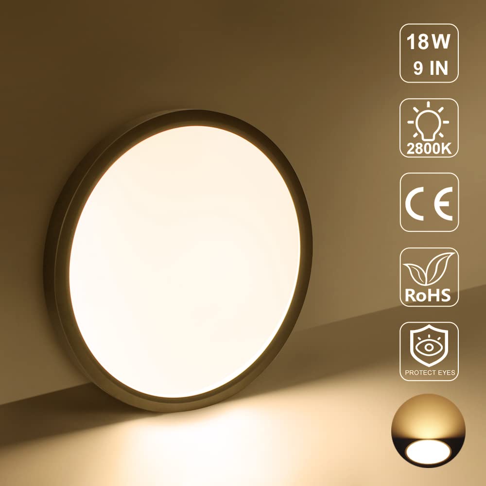 Led Flush Mount Ceiling Light Fixture, 8.9 Inch 18W, 2800K Warm White, Black Flat Modern Round Lighting Fixtures, 1800Lm, 180W E