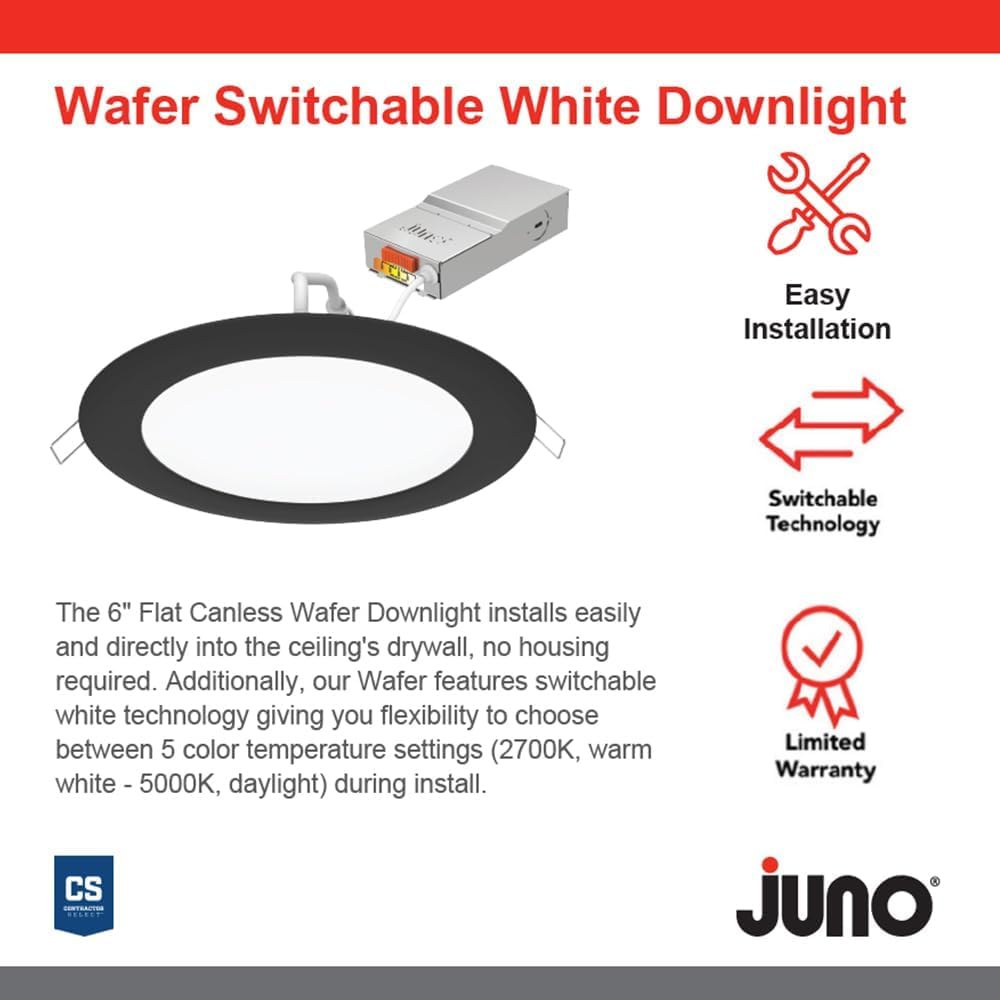 Juno Round LED Recessed Light, 6-Inch Ultra Thin Trim, 90CRI, Matte Black, Switchable Color Temp 2700K-5000K, Triac Dimming