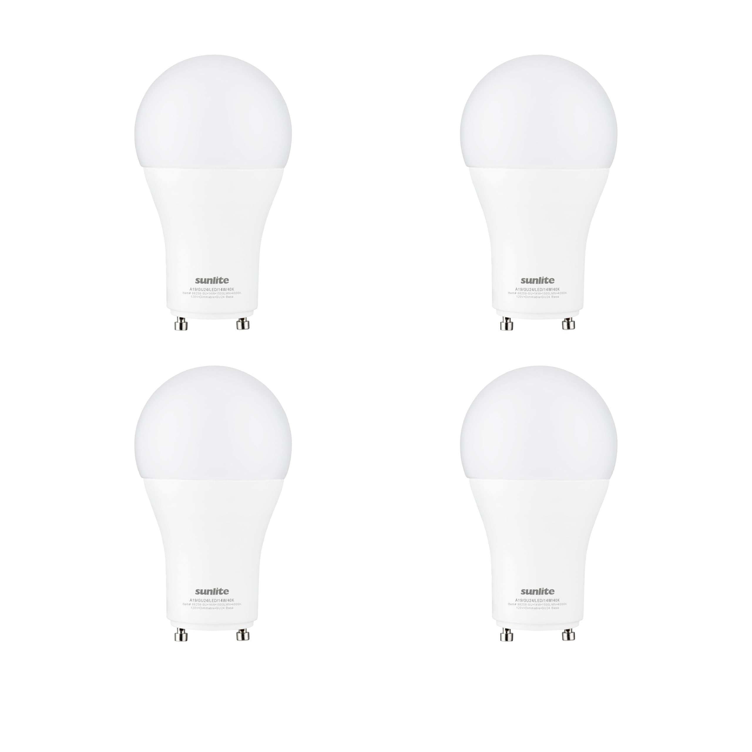 Sunlite A19 Dimmable LED Light Bulb, 14W (100W Equivalent), 1500 Lumens, 4 Pack, 2700K Soft White, GU24 Base,