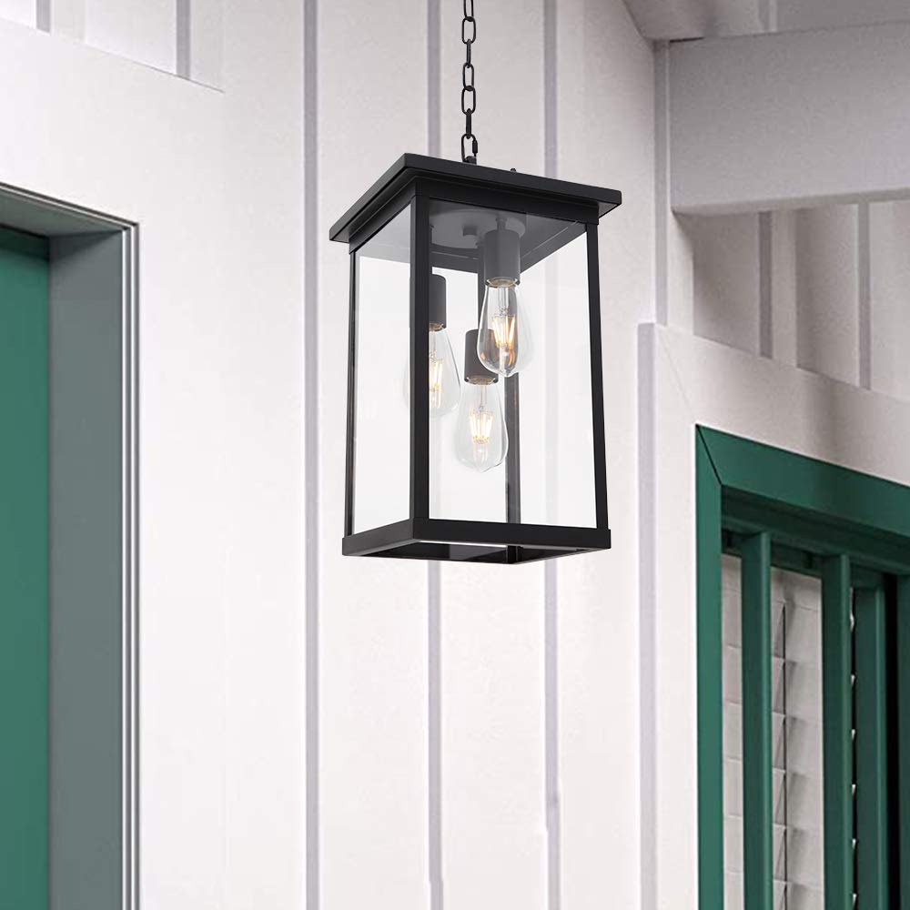 Todoluz 3-Light Black Outdoor Pendant Light Fixture, Adjustable Exterior Hanging Lantern Porch Light