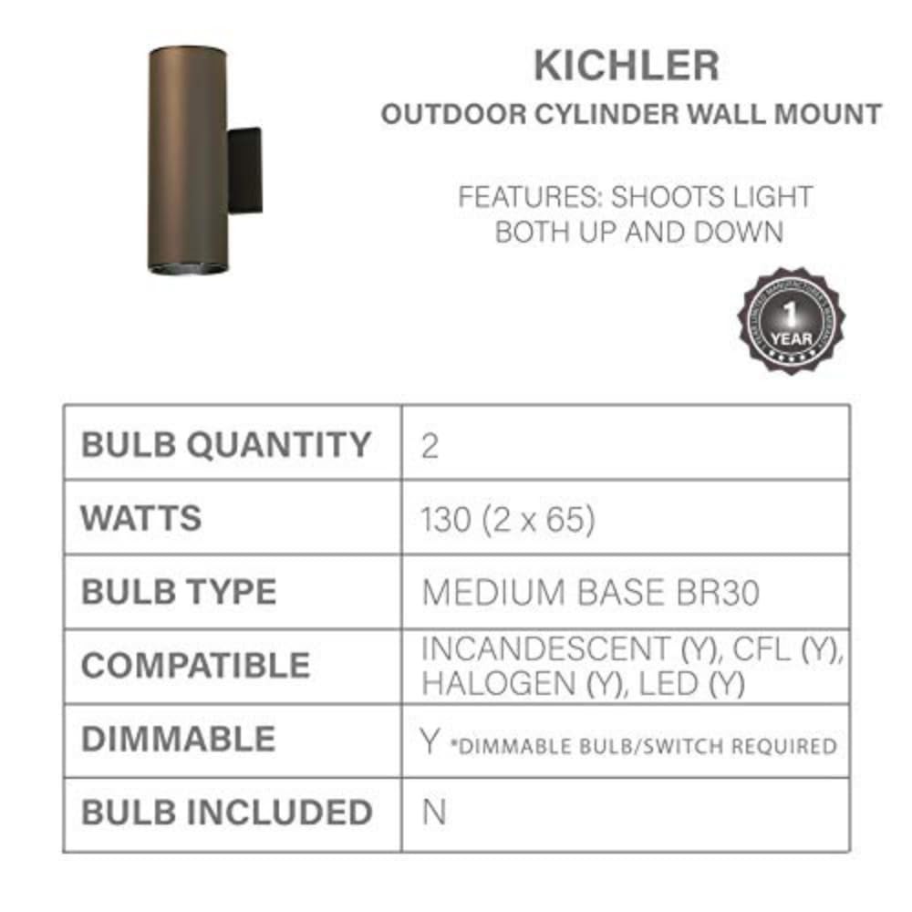 Kichler 12in 2-Light Outdoor Cylinder Wall Sconce, Architectural Bronze, Aluminum, Model 9244AZ
