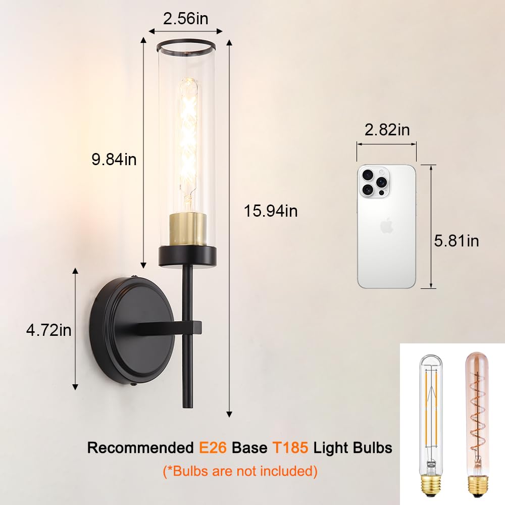 Wall Sconces Set Of Two  Black And Gold Bathroom Sconces Wall Lighting With Clear Glass  Modern Sconces Wall Decor Set Of 2  Farmhouse Wall Mount Lights For Mirror Bedroom Living Room Hallway Kitchen