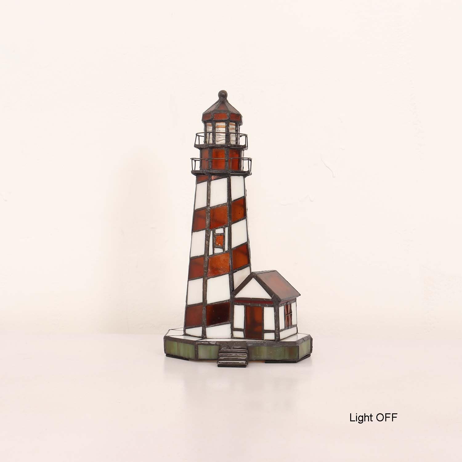 Bieye Lighthouse Tiffany Style Stained Glass Table Lamp, Amber, 6x6x11, Model Phare
