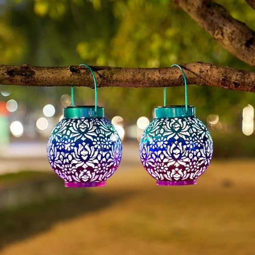 Excmark Outdoor Solar Hanging Lantern Lights Metal Led Decorative Lamp For Garden Patio Courtyard Lawn And Table With Hollowed-O