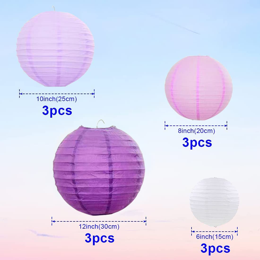 Famolay Purple Paper Lanterns 12 Pcs Assorted Size Of 6'' 8'' 10'' 12'' Chinese Round Paper Hanging Decorations Ball Lanterns La