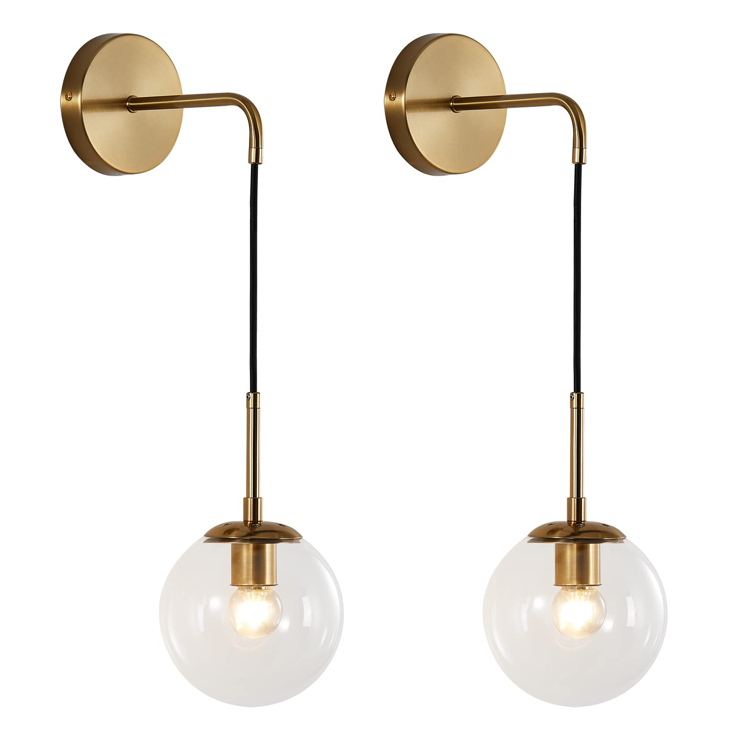 KCO Modern Glass Globe Wall Sconce Set of Two Minimalist Gold Wall Light Fixture with Adjustable Cord Brass Round Glass Wall Mou