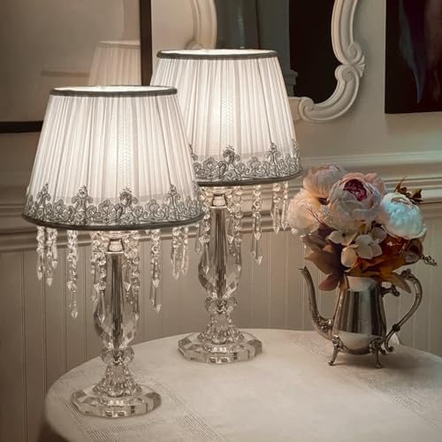 Moooni Modern Bedside Crystal Table Lamp With Ruched Fabric Lampshade Elegant Plug-In Crystal Chandelier Nightstand Lamp For Living Room Girls Room Set Of 2 Lamp Dimmable W 12.8" X H 22.8"