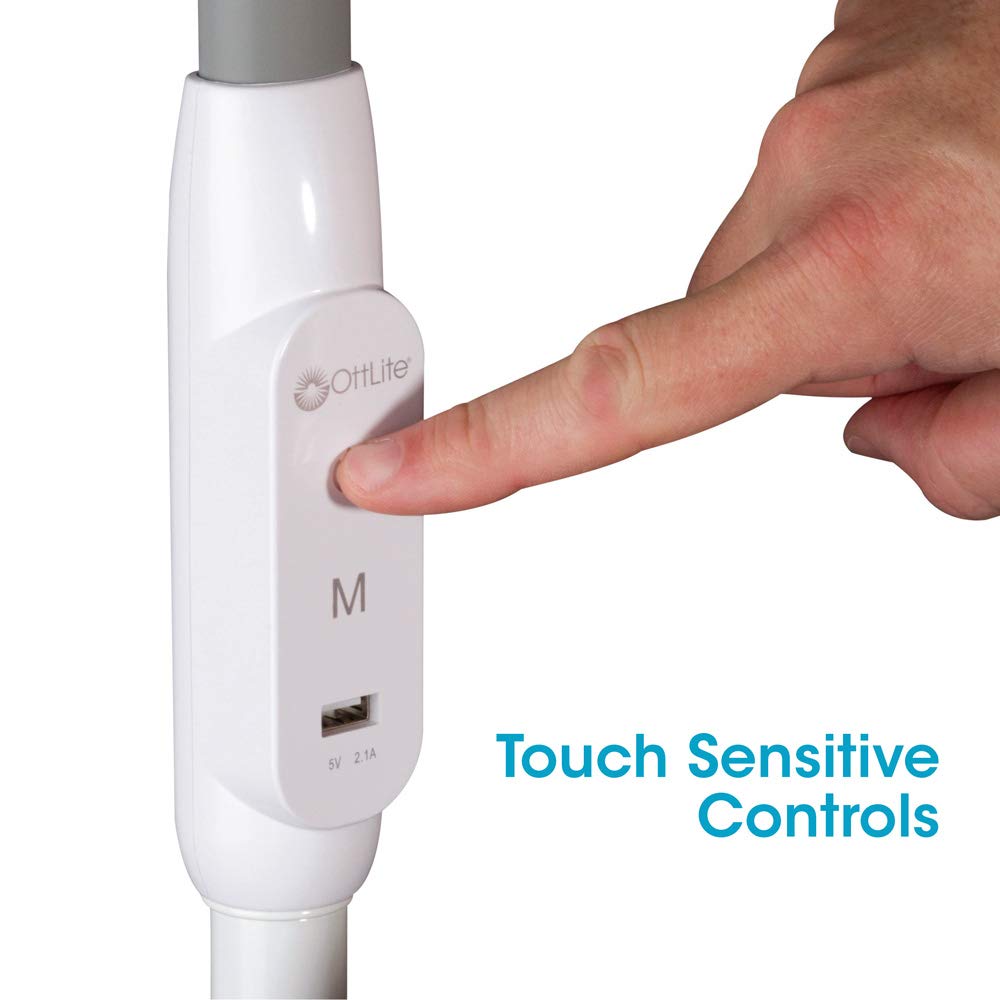 Ottlite Led Floor Lamp With Usb Port & Tablet Stand – Modern White Design, Clearsun Led Standing Light, Usb Charger, Touch Activated Controls, For Crafting, Reading, Work